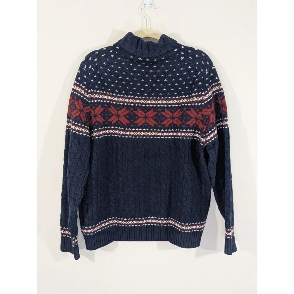 Lands End Men's Lambswool Cable Knit Fair Isle Sweater Navy Shawl Collar Sz XL